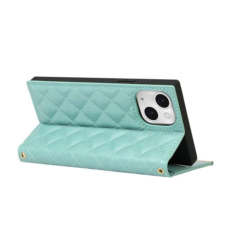 Für Iphone 13 Mini 5,4 Cm Telefon Case Gitter Textur Telefon Tasche Leder Handtasche Mit Make-upspiegel - Zyan