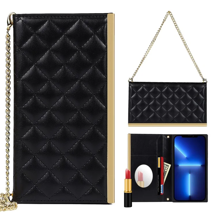 Crossbody Phone Bag Supporting Stand Phone Case Grid Texture Phone Bag Leather Hand Bag with Makeup Mirror for iPhone 13 Pro 6.1 inch - Black