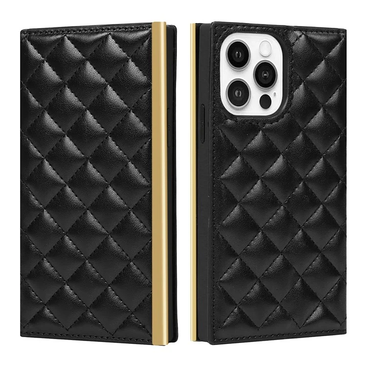 Crossbody Phone Bag Supporting Stand Phone Case Grid Texture Phone Bag Leather Hand Bag with Makeup Mirror for iPhone 13 Pro 6.1 inch - Black