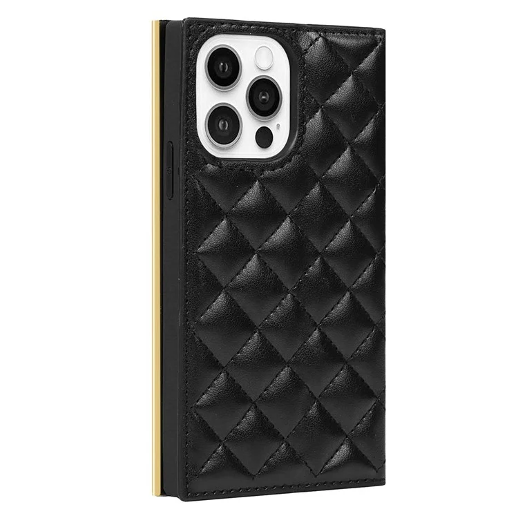 Crossbody Phone Bag Supporting Stand Phone Case Grid Texture Phone Bag Leather Hand Bag with Makeup Mirror for iPhone 13 Pro 6.1 inch - Black