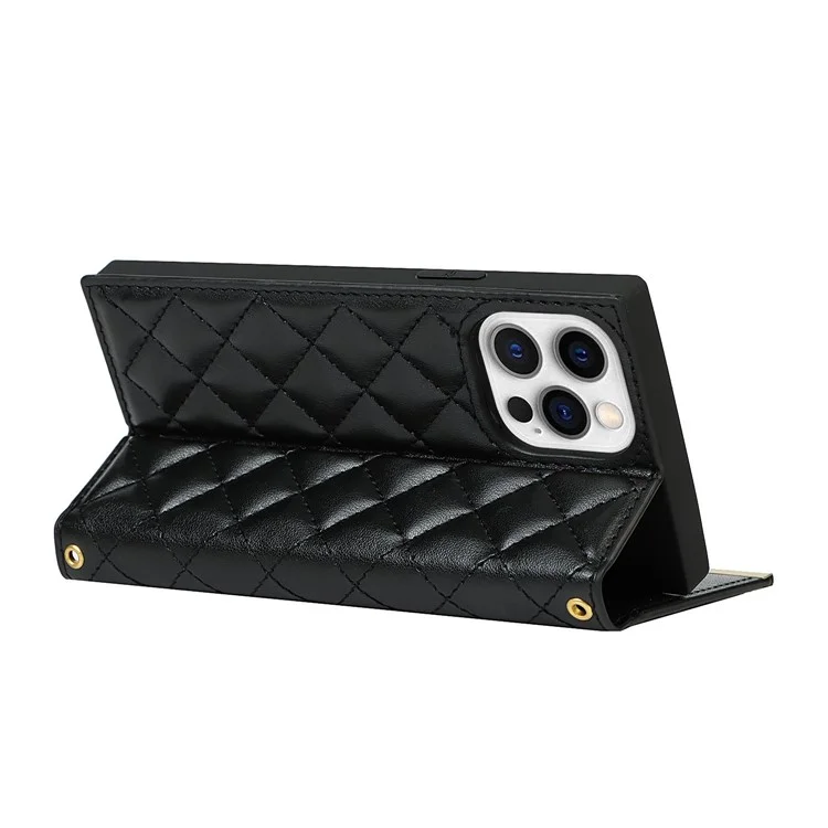 Crossbody Phone Bag Supporting Stand Phone Case Grid Texture Phone Bag Leather Hand Bag with Makeup Mirror for iPhone 13 Pro 6.1 inch - Black