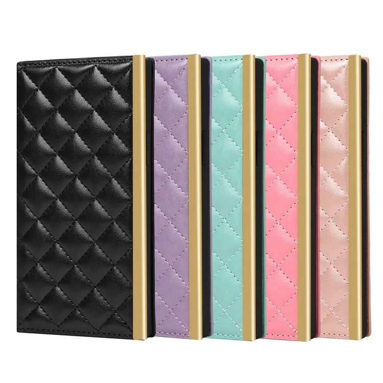 Crossbody Phone Bag Supporting Stand Phone Case Grid Texture Phone Bag Leather Hand Bag with Makeup Mirror for iPhone 13 Pro 6.1 inch - Black