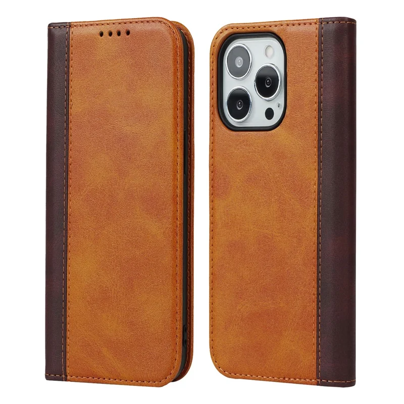 Flip Phone Cover for iPhone 13 Pro 6.1 inch Auto-absorbed Bi-color Splicing Design Leather Wallet Phone Shell Case - Yellow/Brown
