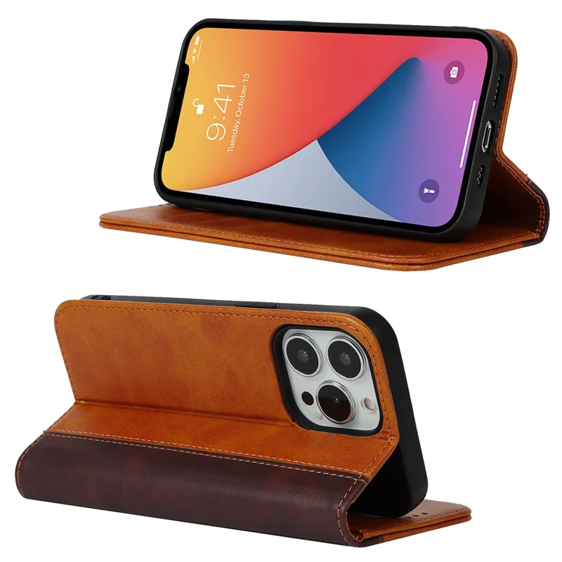 Flip Phone Cover for iPhone 13 Pro 6.1 inch Auto-absorbed Bi-color Splicing Design Leather Wallet Phone Shell Case - Yellow/Brown
