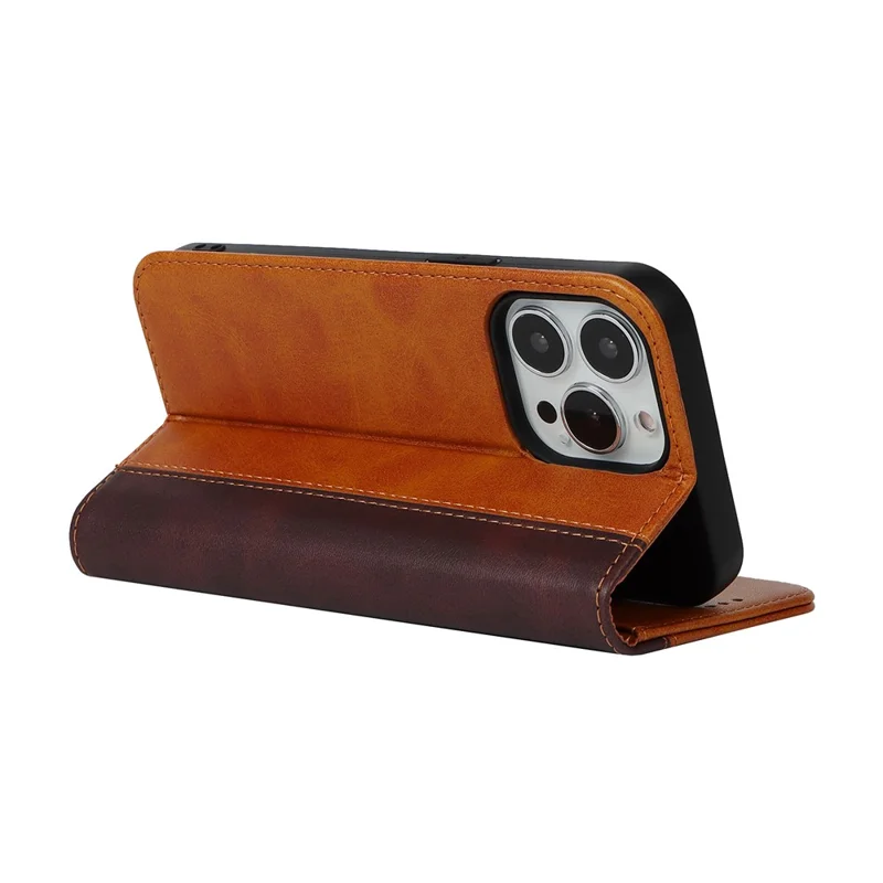 Flip Phone Cover for iPhone 13 Pro 6.1 inch Auto-absorbed Bi-color Splicing Design Leather Wallet Phone Shell Case - Yellow/Brown