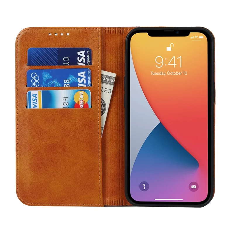 Flip Phone Cover for iPhone 13 Pro 6.1 inch Auto-absorbed Bi-color Splicing Design Leather Wallet Phone Shell Case - Yellow/Brown
