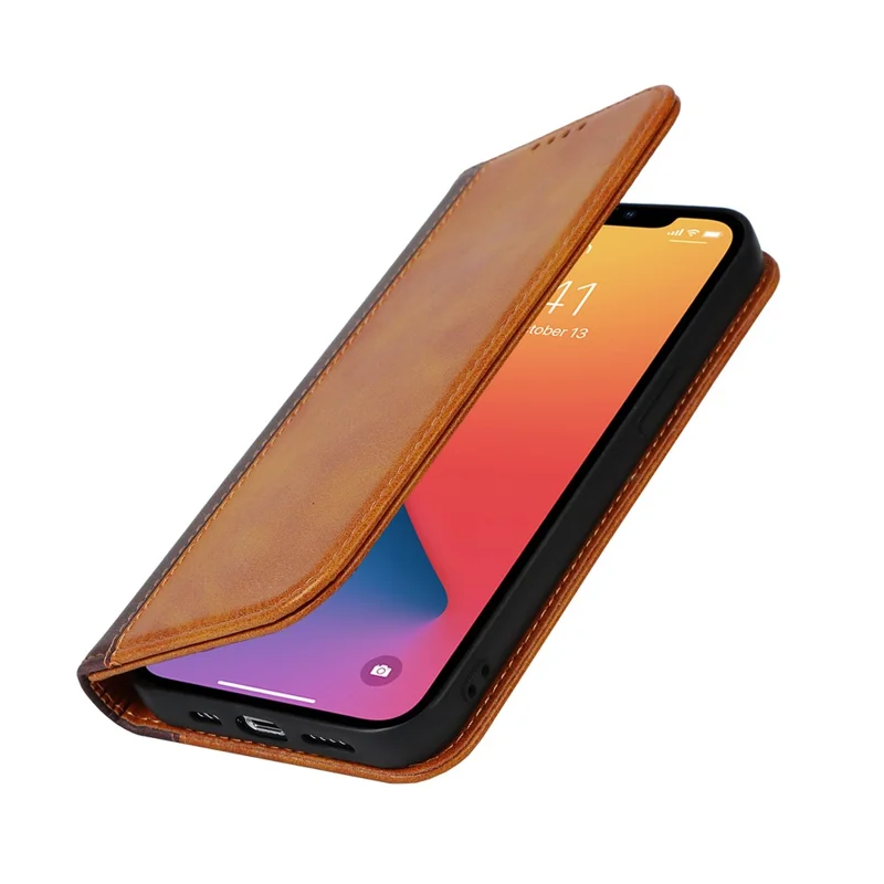 Flip Phone Cover for iPhone 13 Pro 6.1 inch Auto-absorbed Bi-color Splicing Design Leather Wallet Phone Shell Case - Yellow/Brown