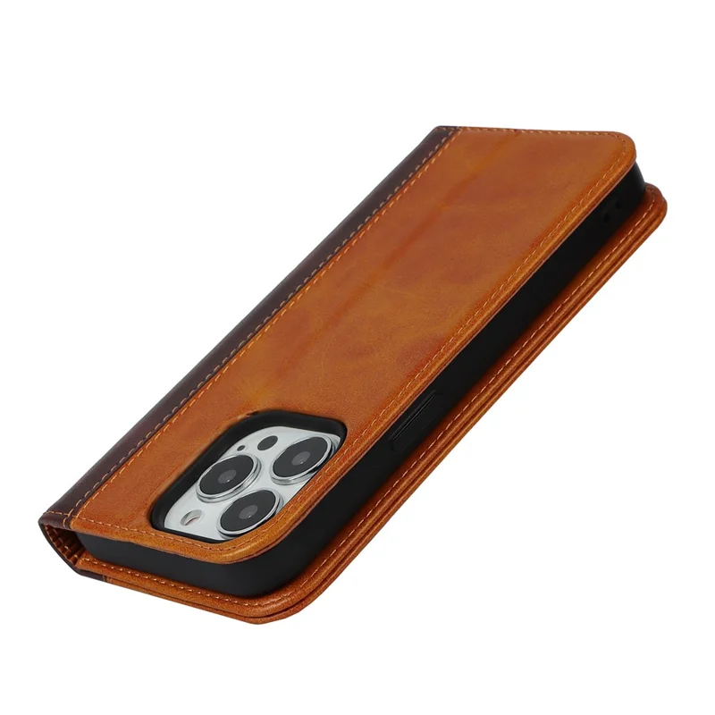 Flip Phone Cover for iPhone 13 Pro 6.1 inch Auto-absorbed Bi-color Splicing Design Leather Wallet Phone Shell Case - Yellow/Brown