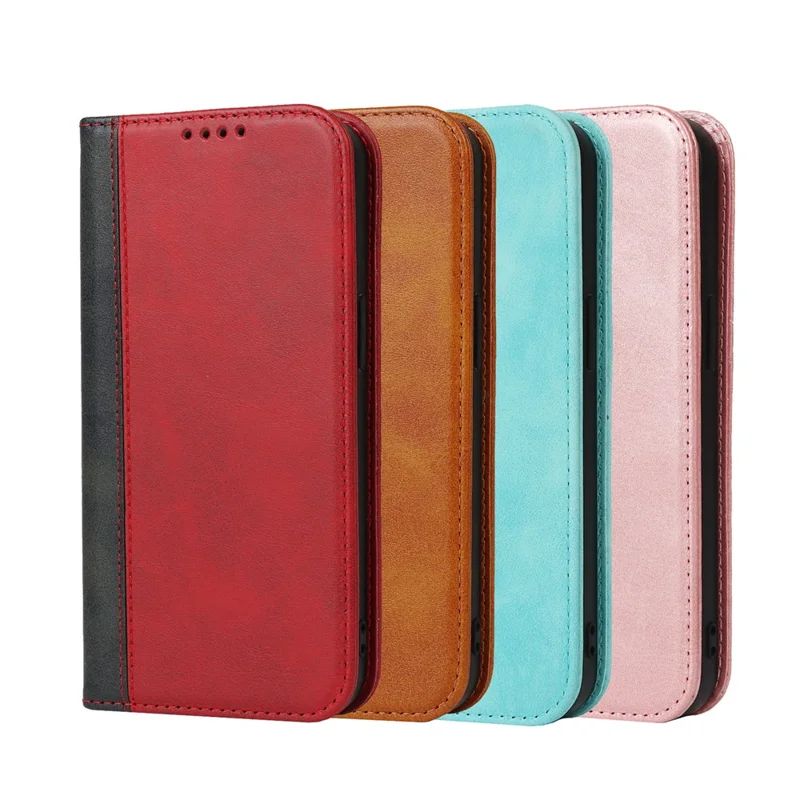 Bi-color Splicing Design Auto-absorbed PU Leather Wallet Phone Shell Case for iPhone 13 6.1 inch - Red/Black