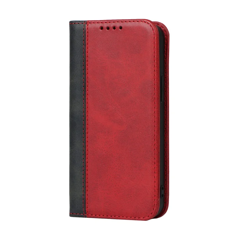 Bi-color Splicing Design Auto-absorbed PU Leather Wallet Phone Shell Case for iPhone 13 6.1 inch - Red/Black