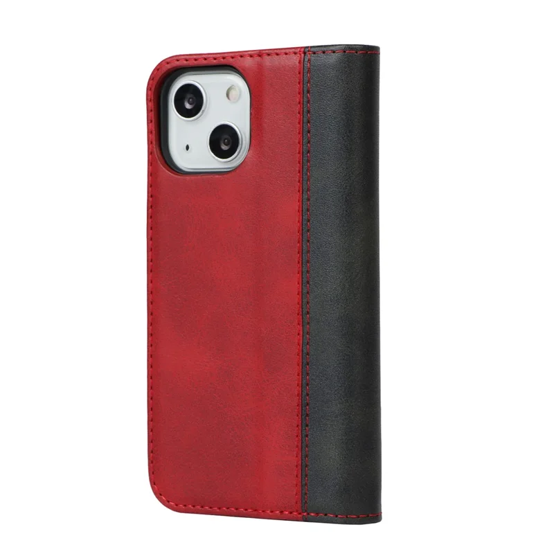 Bi-color Splicing Design Auto-absorbed PU Leather Wallet Phone Shell Case for iPhone 13 6.1 inch - Red/Black