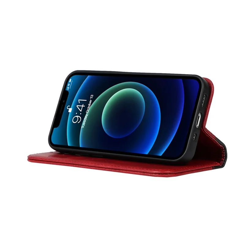 Bi-color Splicing Design Auto-absorbed PU Leather Wallet Phone Shell Case for iPhone 13 6.1 inch - Red/Black