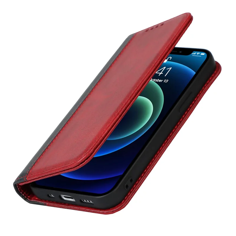 Bi-color Splicing Design Auto-absorbed PU Leather Wallet Phone Shell Case for iPhone 13 6.1 inch - Red/Black