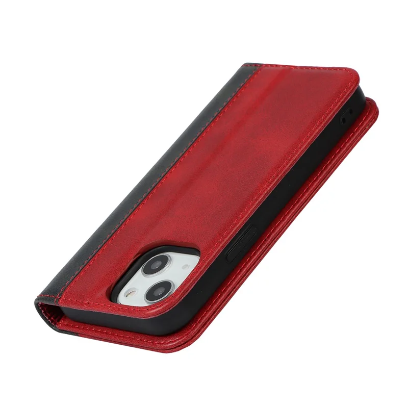 Bi-color Splicing Design Auto-absorbed PU Leather Wallet Phone Shell Case for iPhone 13 6.1 inch - Red/Black