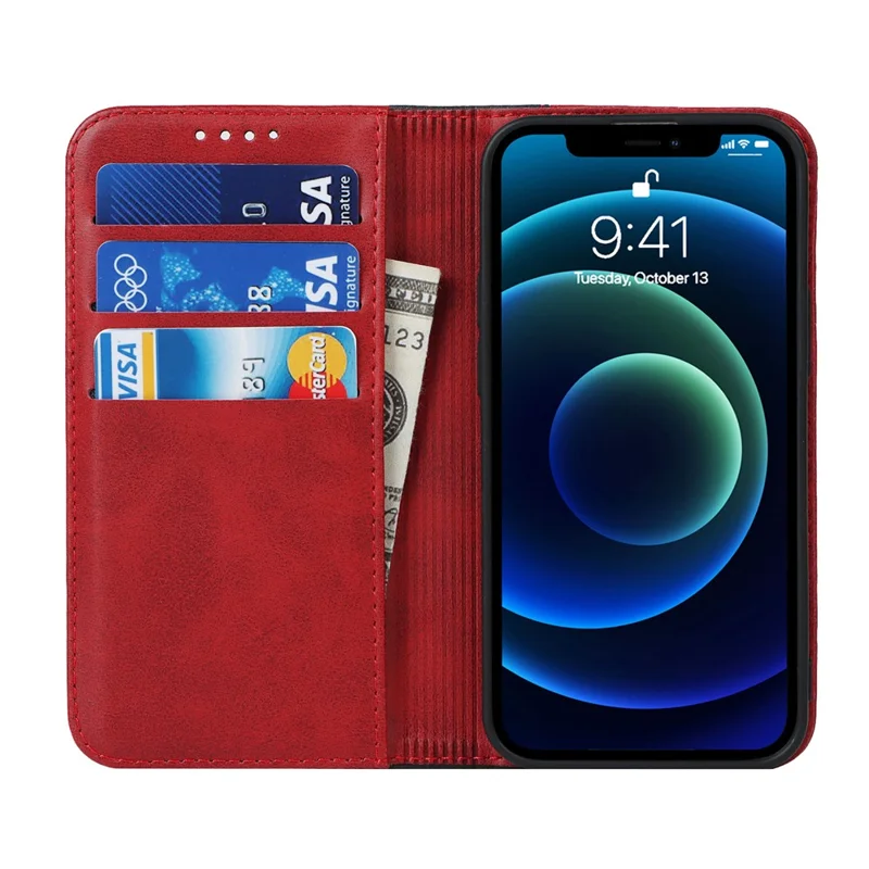Bi-color Splicing Design Auto-absorbed PU Leather Wallet Phone Shell Case for iPhone 13 6.1 inch - Red/Black