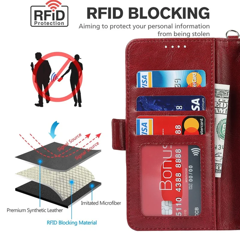 Retro Style Phone Shell Case RFID Blocking Magnetic Closure Wallet Phone Cover for iPhone 13 mini 5.4 inch - Red