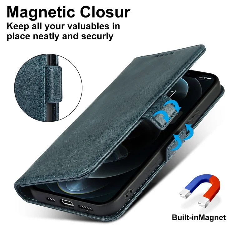 Flip Phone Case With Strap Supporting Stand RFID Blocking Magnetic Closure Wallet Phone Cover for iPhone 13 Pro 6.1 inch - Blue