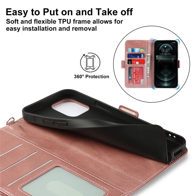 Flip Phone Case With Strap Supporting Stand RFID Blocking Magnetic Closure Wallet Phone Cover for iPhone 13 Pro 6.1 inch - Rose Gold