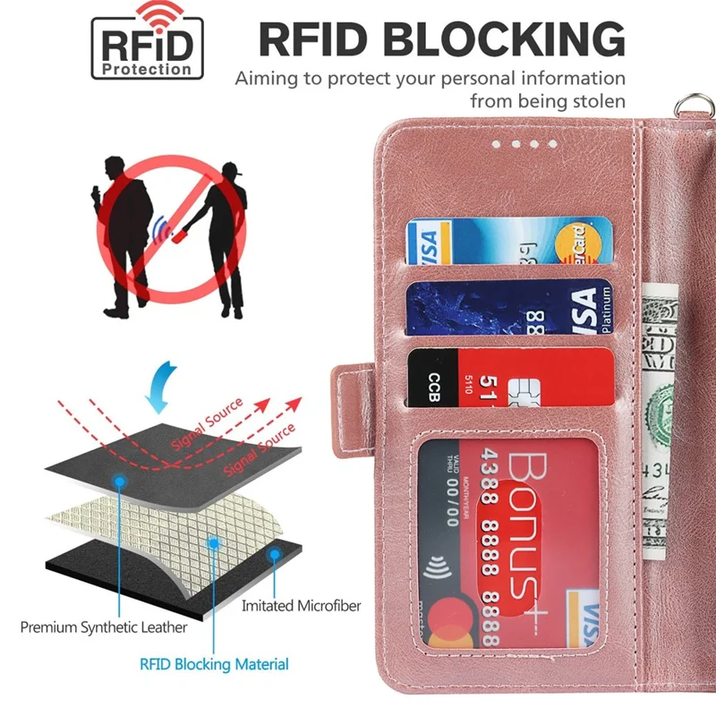 Flip Phone Case With Strap Supporting Stand RFID Blocking Magnetic Closure Wallet Phone Cover for iPhone 13 Pro 6.1 inch - Rose Gold