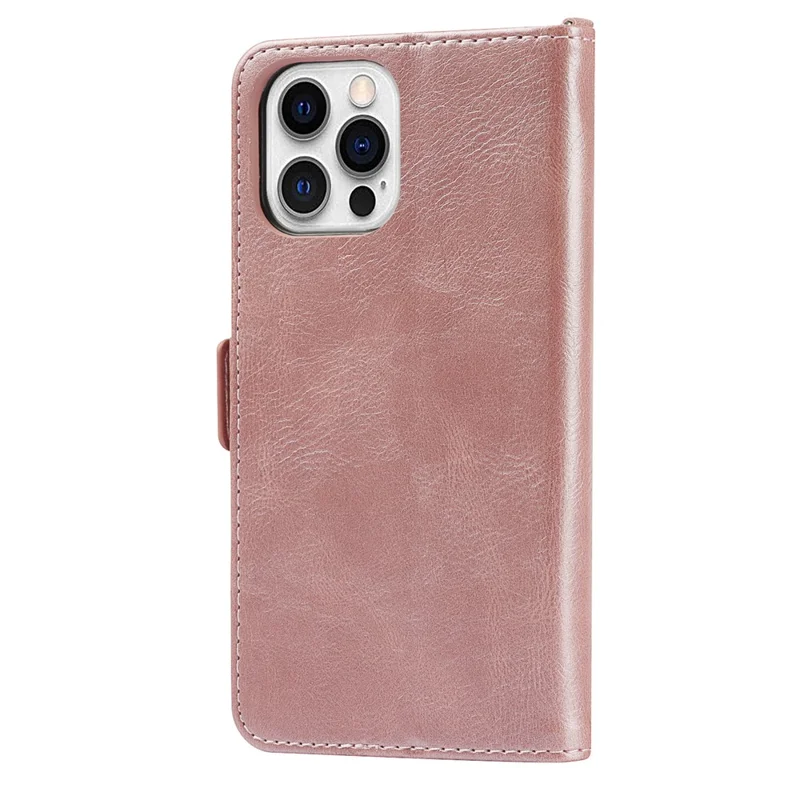 Flip Phone Case With Strap Supporting Stand RFID Blocking Magnetic Closure Wallet Phone Cover for iPhone 13 Pro 6.1 inch - Rose Gold