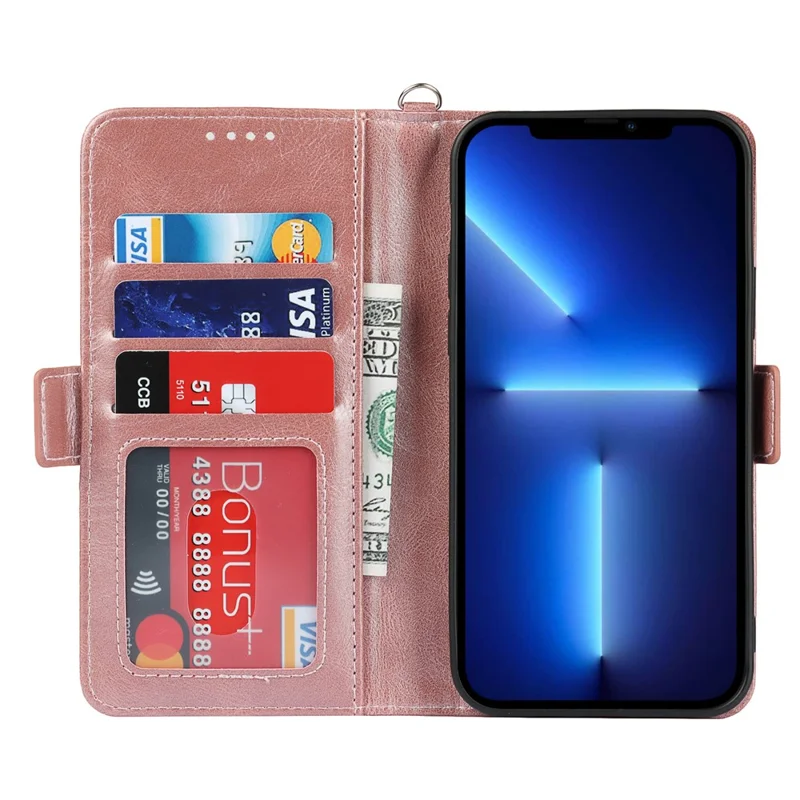 Flip Phone Case With Strap Supporting Stand RFID Blocking Magnetic Closure Wallet Phone Cover for iPhone 13 Pro 6.1 inch - Rose Gold