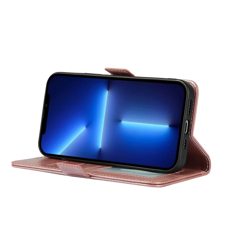 Flip Phone Case With Strap Supporting Stand RFID Blocking Magnetic Closure Wallet Phone Cover for iPhone 13 Pro 6.1 inch - Rose Gold