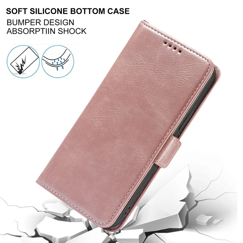 Flip Phone Case With Strap Supporting Stand RFID Blocking Magnetic Closure Wallet Phone Cover for iPhone 13 Pro 6.1 inch - Rose Gold