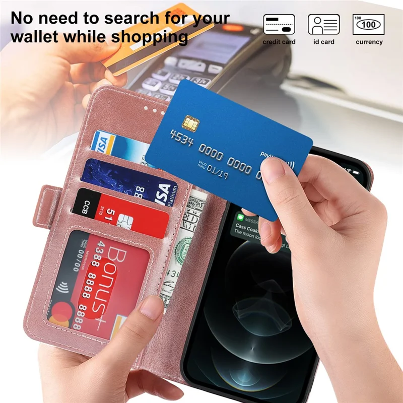 Flip Phone Case With Strap Supporting Stand RFID Blocking Magnetic Closure Wallet Phone Cover for iPhone 13 Pro 6.1 inch - Rose Gold