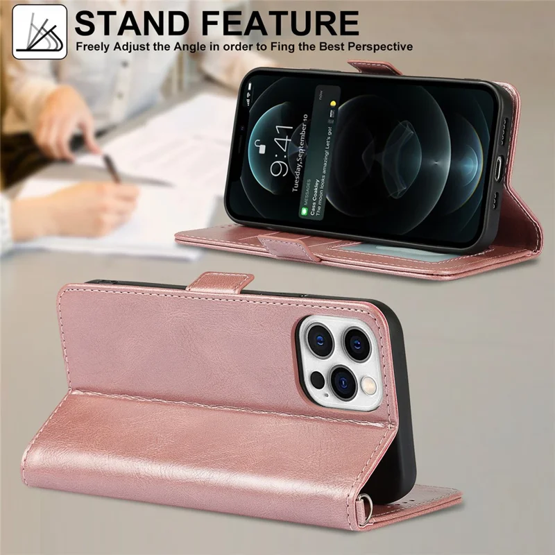 Flip Phone Case With Strap Supporting Stand RFID Blocking Magnetic Closure Wallet Phone Cover for iPhone 13 Pro 6.1 inch - Rose Gold