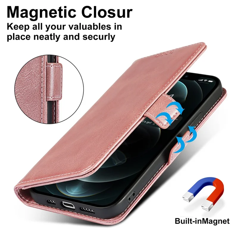 Flip Phone Case With Strap Supporting Stand RFID Blocking Magnetic Closure Wallet Phone Cover for iPhone 13 Pro 6.1 inch - Rose Gold