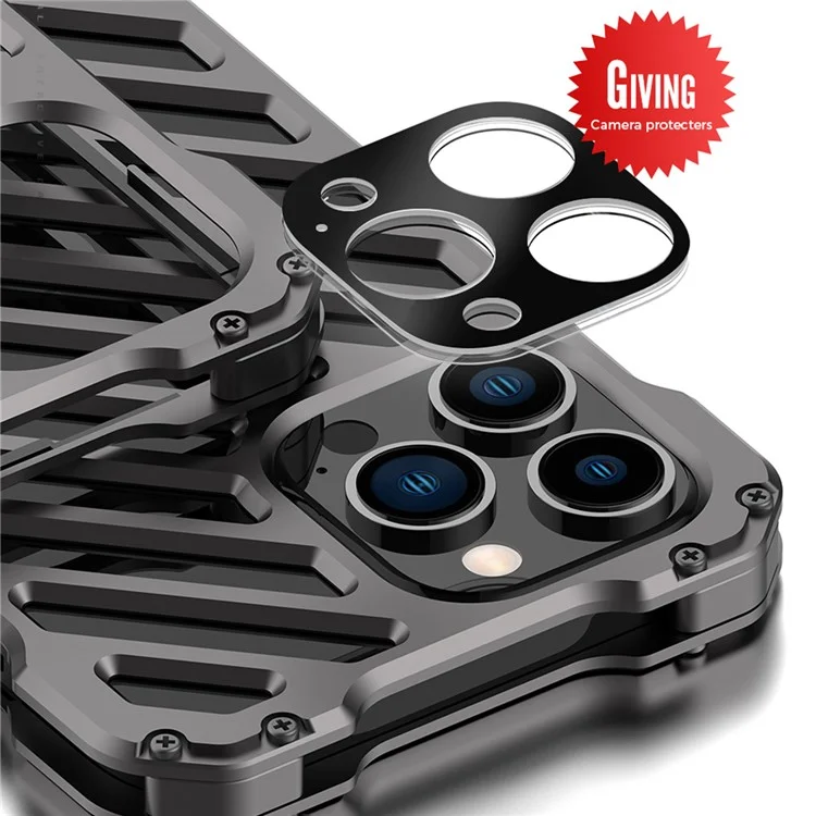 R-JUST RJ-50 Hollow Design Scratch-proof Frame Aluminum Alloy Metal Phone Shell with Lens Protector for iPhone 13 Pro 6.1 inch