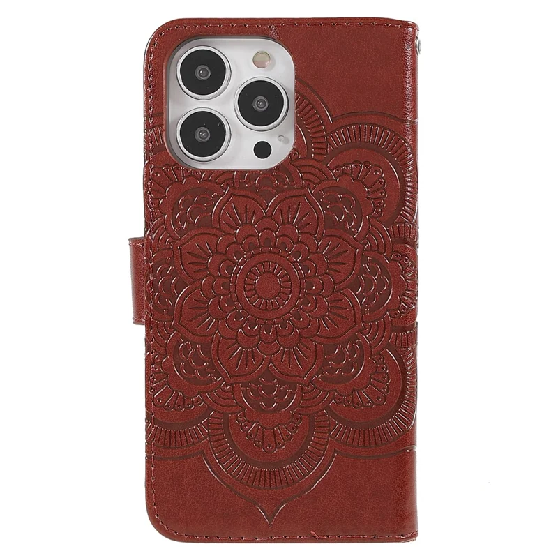 Prägen Mandala Blume Schutzhülle Leder -telefonabdeckung Mit Standbrieftasche Für Iphone 13 Pro 6,1 Zoll - Braun