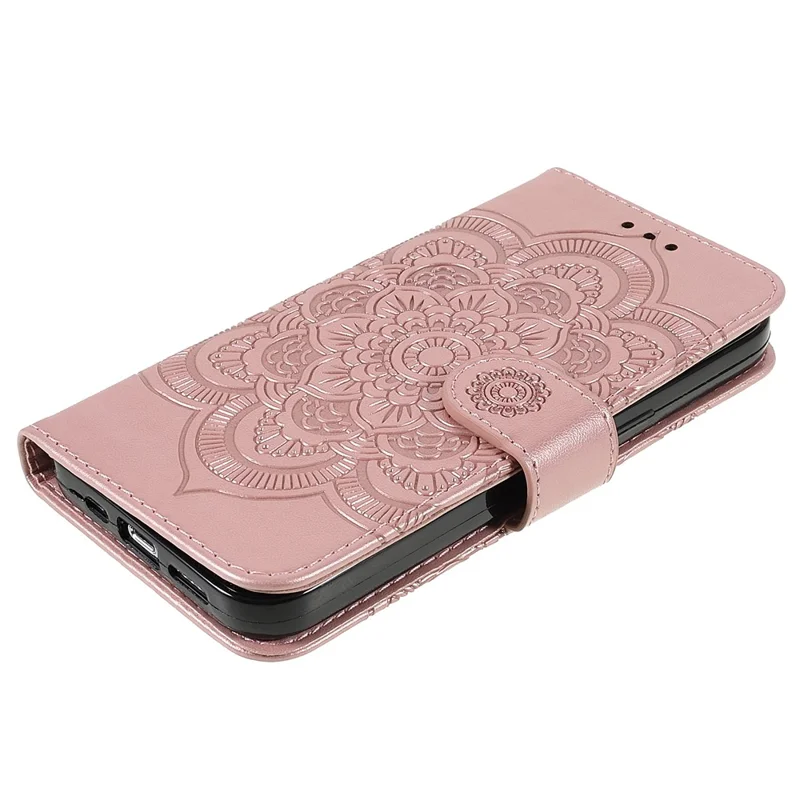 PU Leather Imprinting Mandala Flower Phone Cover Stand Wallet Case for iPhone 13 Pro Max 6.7 inch - Rose Gold