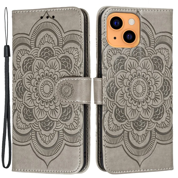 Imprinting Mandala Flower Scratch-resistant Leather Phone Cover Stand Wallet Protective Case for iPhone 13 mini 5.4 inch - Grey