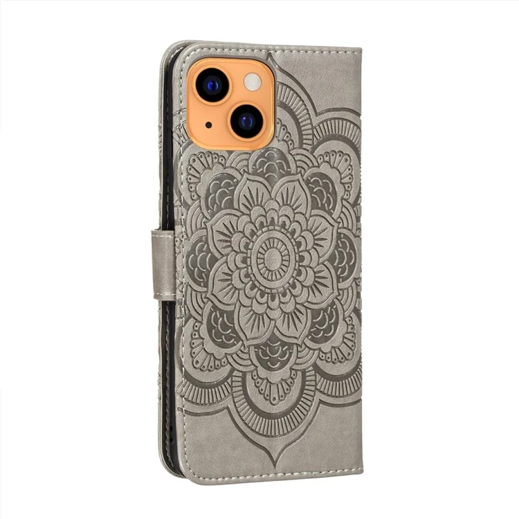 Imprinting Mandala Flower Scratch-resistant Leather Phone Cover Stand Wallet Protective Case for iPhone 13 mini 5.4 inch - Grey