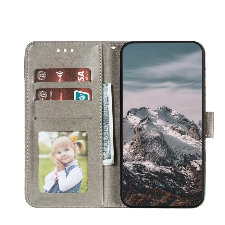 Imprinting Mandala Flower Scratch-resistant Leather Phone Cover Stand Wallet Protective Case for iPhone 13 mini 5.4 inch - Grey