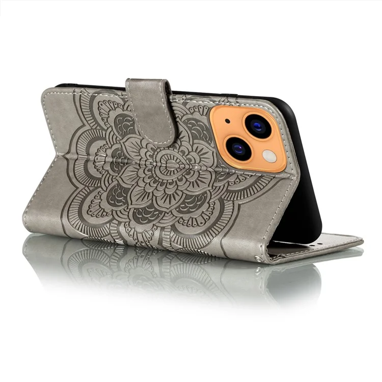 Imprinting Mandala Flower Scratch-resistant Leather Phone Cover Stand Wallet Protective Case for iPhone 13 mini 5.4 inch - Grey