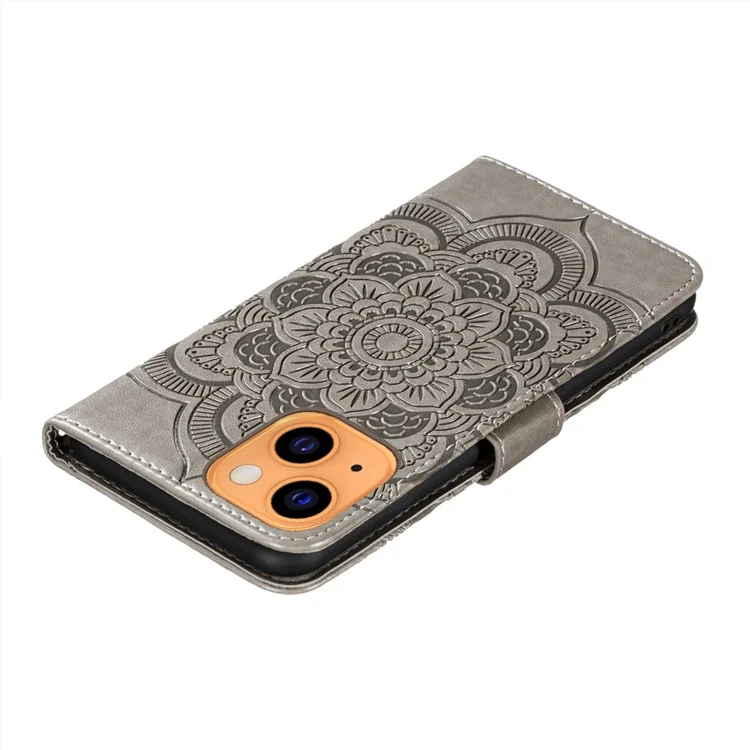 Imprinting Mandala Flower Scratch-resistant Leather Phone Cover Stand Wallet Protective Case for iPhone 13 mini 5.4 inch - Grey