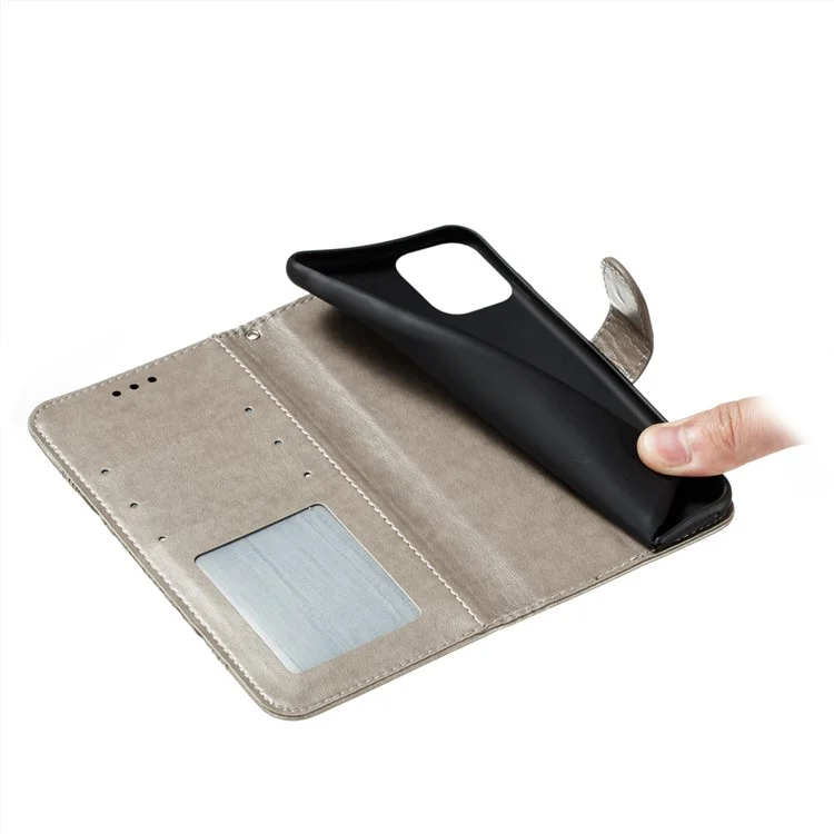 Imprinting Mandala Flower Scratch-resistant Leather Phone Cover Stand Wallet Protective Case for iPhone 13 mini 5.4 inch - Grey