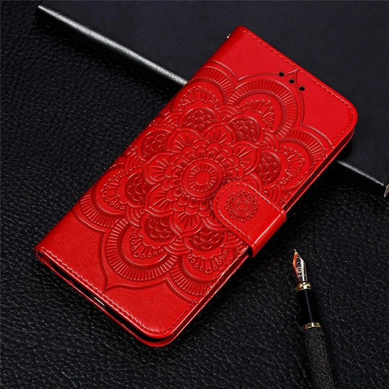Imprinting Mandala Flower Scratch-resistant Leather Phone Cover Stand Wallet Protective Case for iPhone 13 mini 5.4 inch - Red