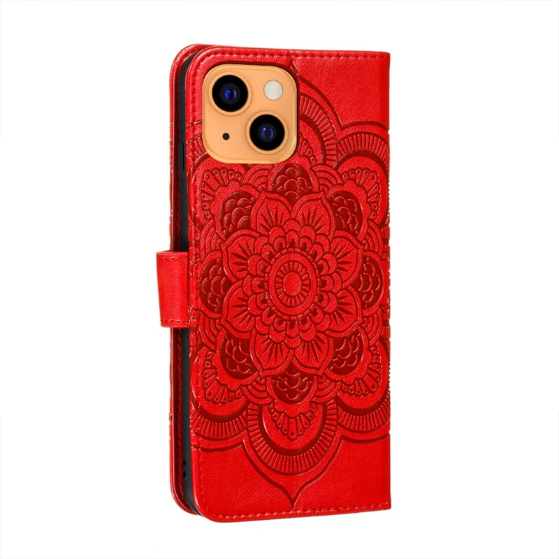 Imprinting Mandala Flower Scratch-resistant Leather Phone Cover Stand Wallet Protective Case for iPhone 13 mini 5.4 inch - Red
