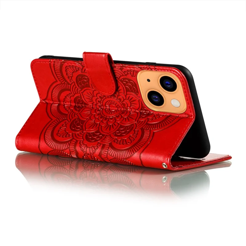 Imprinting Mandala Flower Scratch-resistant Leather Phone Cover Stand Wallet Protective Case for iPhone 13 mini 5.4 inch - Red