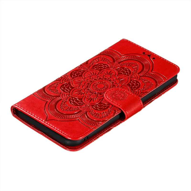 Imprinting Mandala Flower Scratch-resistant Leather Phone Cover Stand Wallet Protective Case for iPhone 13 mini 5.4 inch - Red