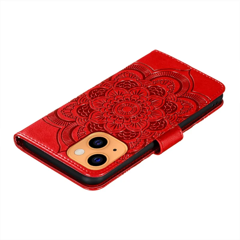Imprinting Mandala Flower Scratch-resistant Leather Phone Cover Stand Wallet Protective Case for iPhone 13 mini 5.4 inch - Red