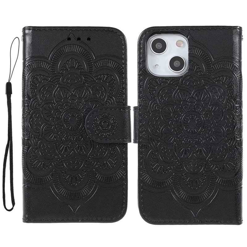 Imprinting Mandala Flower PU Leather Phone Stand Cover Wallet Case with Strap for iPhone 14 / 13 - Black