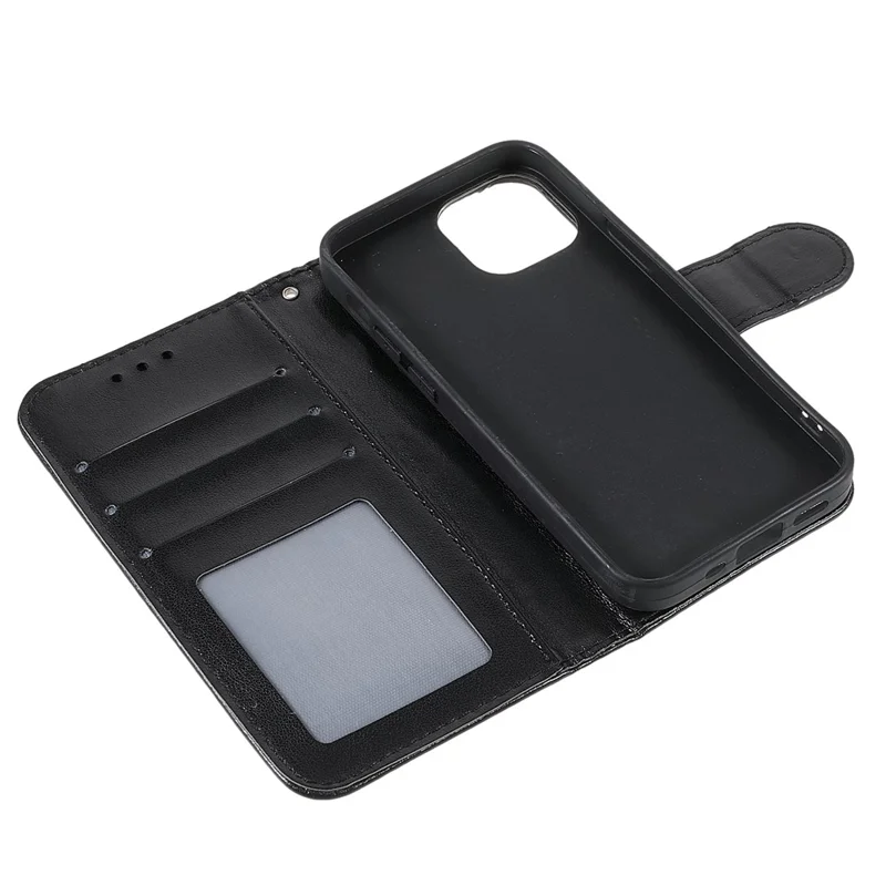 Imprinting Mandala Flower PU Leather Phone Stand Cover Wallet Case with Strap for iPhone 14 / 13 - Black