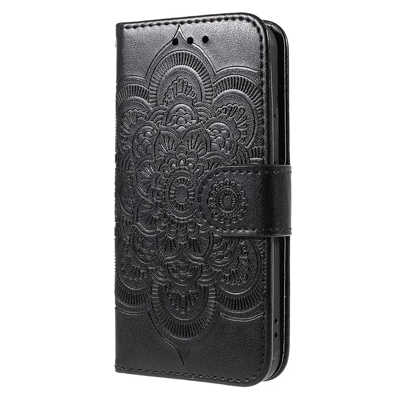 Imprinting Mandala Flower PU Leather Phone Stand Cover Wallet Case with Strap for iPhone 14 / 13 - Black