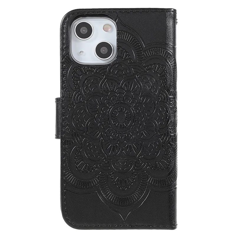 Imprinting Mandala Flower PU Leather Phone Stand Cover Wallet Case with Strap for iPhone 14 / 13 - Black