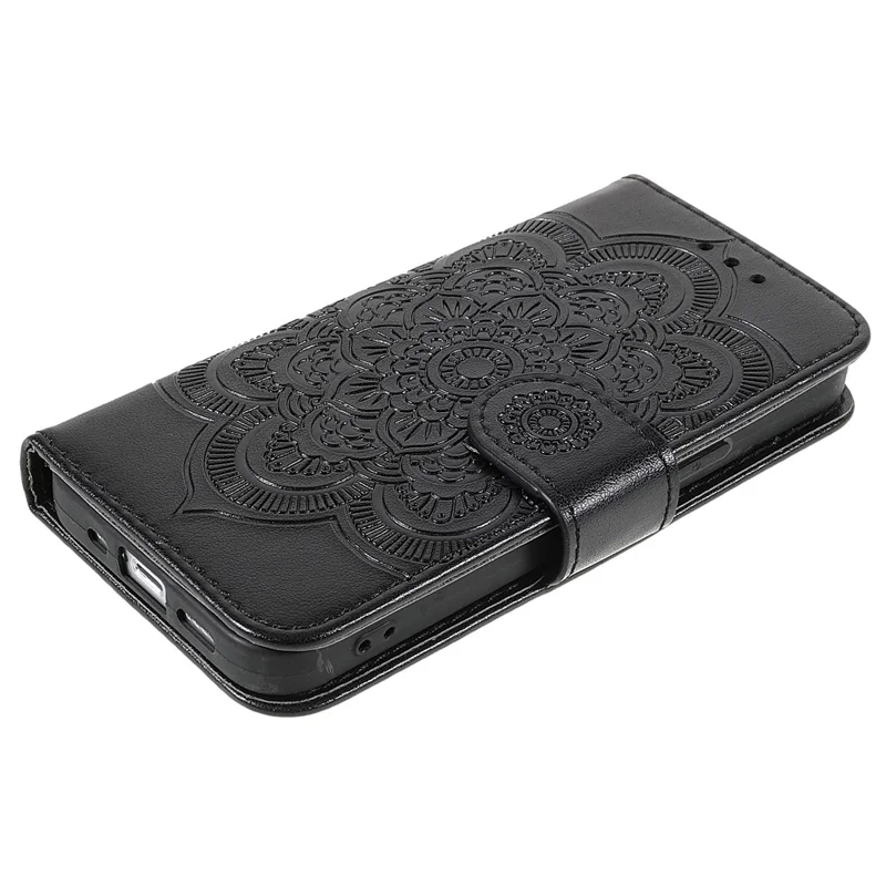 Imprinting Mandala Flower PU Leather Phone Stand Cover Wallet Case with Strap for iPhone 14 / 13 - Black