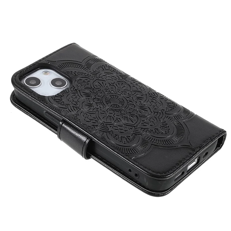 Imprinting Mandala Flower PU Leather Phone Stand Cover Wallet Case with Strap for iPhone 14 / 13 - Black